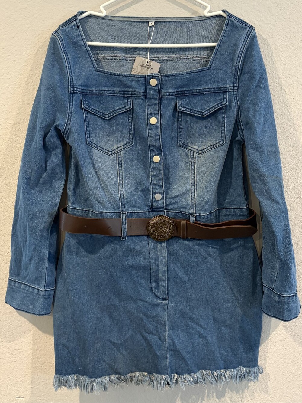 NEW Oyrosy Womens Blue Denim Long Sleeve Square Neck Belted Mini Dress Size Med